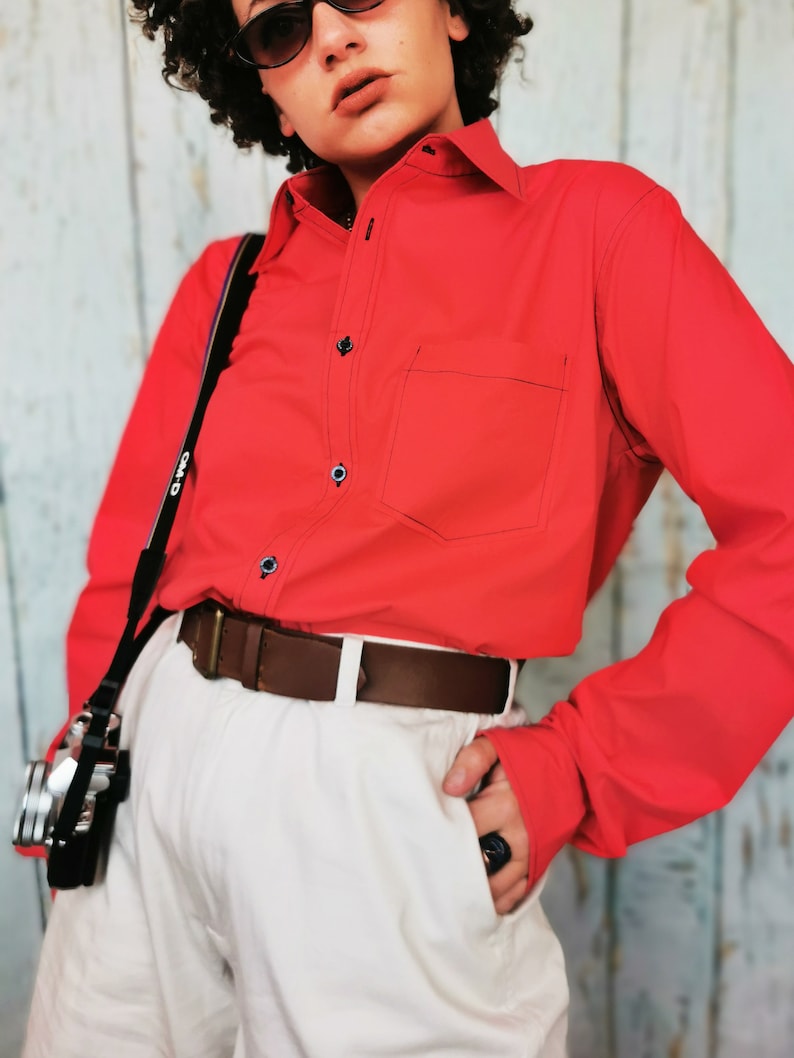 Vintage 90s minimalist red menswear oversize unisex shirt