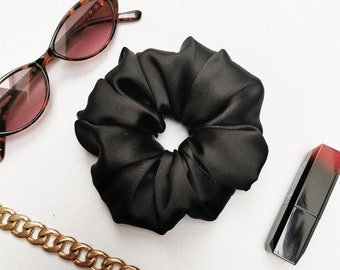 Handgemachter Vintage Style BIG seidig schwarz Haar scrunchy, 100% Seide