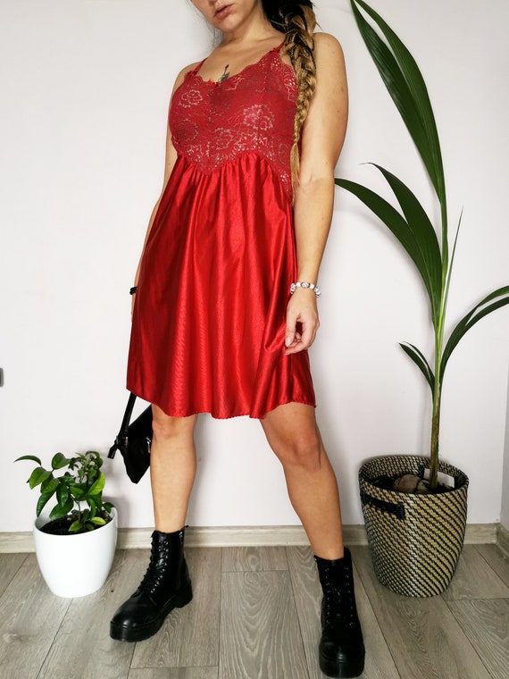 Vintage 90s red underwear lace mini slip dress