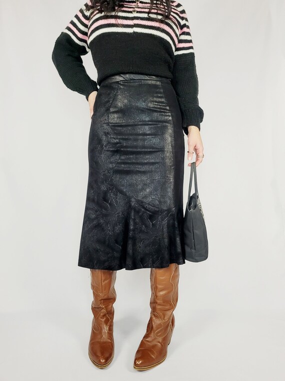 80s Black Faux Leather Shimmer Flare Mermaid Midi Skirt Etsy UK