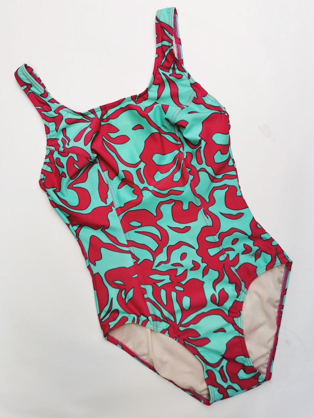 Retro One Piece Swimsuit, Vintage 90s Abstract Print Onepiece Swimsuit