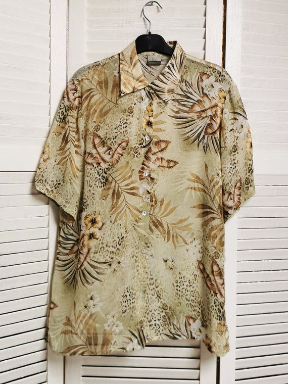 Vintage blouse, Vintage 90s Tropical leaf print s… - image 4