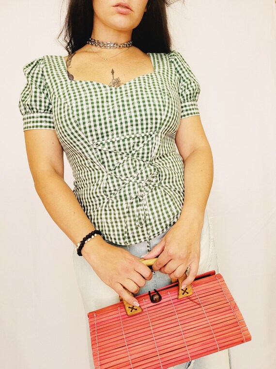 Retro 90s green checked puff sleeves Milkmaid blouse - Gem