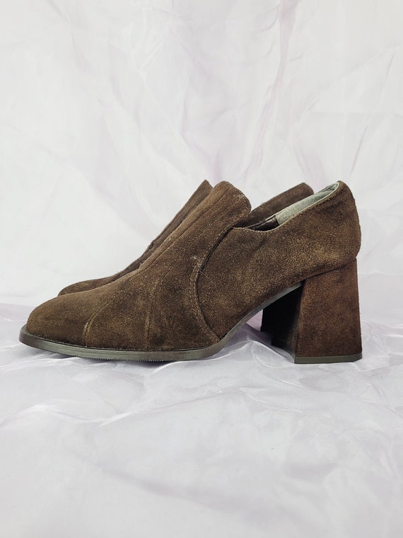 Brown suede chunky heels, 90s vintage brown suede thick heel square toe shoes, EU 40 UK 7 US
