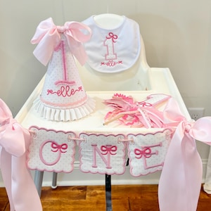 Bow First Birthday Set High Chair Banner ONE, Bib, Hat, and Cake Topper