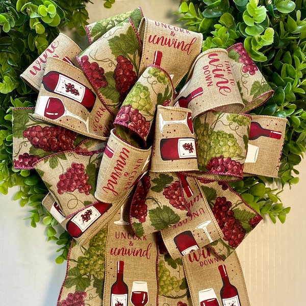 Free Shipping - Time to Wined Down Wreath Bow, Wine and Grapes Bow, Large Bow, Mailbox Bow, Lantern Bow