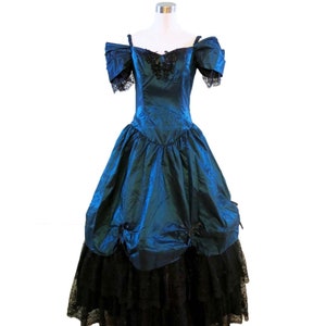 Vintage Prom Dress, Southern Belle Dress, Blue and Black Lace Gown (waist - 26")