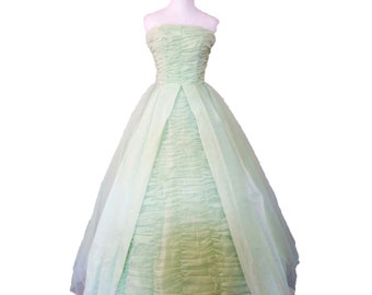 Mint Green Chiffon Vintage Ball Gown, Vintage Prom Dress (waist - 23")