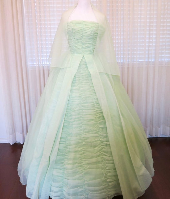 Mint Green Chiffon Vintage Ball Gown, Vintage Pro… - image 2