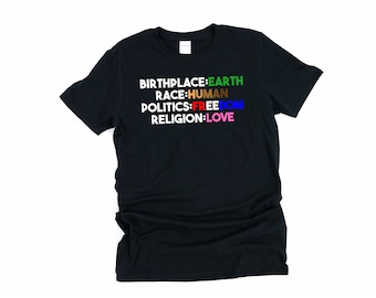 Local de nascimento Terra Raça Política Humana Liberdade Religião Camisa de Amor, Local de Nascimento Terra, Camisa de Igualdade, Camisa Inspiradora, Camisa Política