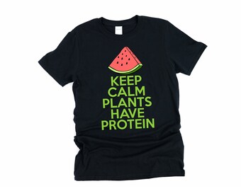 Mantenha a calma, as plantas têm proteínas, camiseta vegana, camiseta vegetariana, vegana, presente vegano, camisas vegetarianas, vegetariana, camiseta vegana feminina