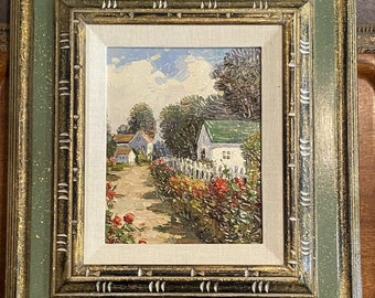 Vintage Original Oil Painting on Board | Impressionism | Flowering Walkway | White Houses with Picket Fences | Antiqued Green and Gold Frame