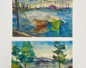 水彩画(風景)№62 ケイ・アーノルド作 ヴィンテージ湖畔風景水彩画（9x12） - Etsy 日本