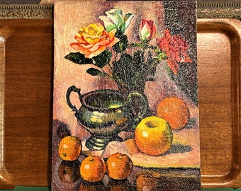 Vintage Original Oil Painting | Acrylic Still Life Fruit | Peach and Red Roses in a Vase | Canvas Board | Silver Urn | Apples and Oranges