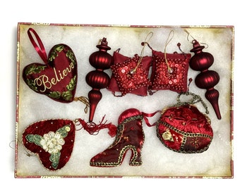 Vintage Christmas Old World Style Satin and Velvet Embroidered Ornaments | Glass Onion Teardrop Baubles in Decorative Gift Box | Tree Decor