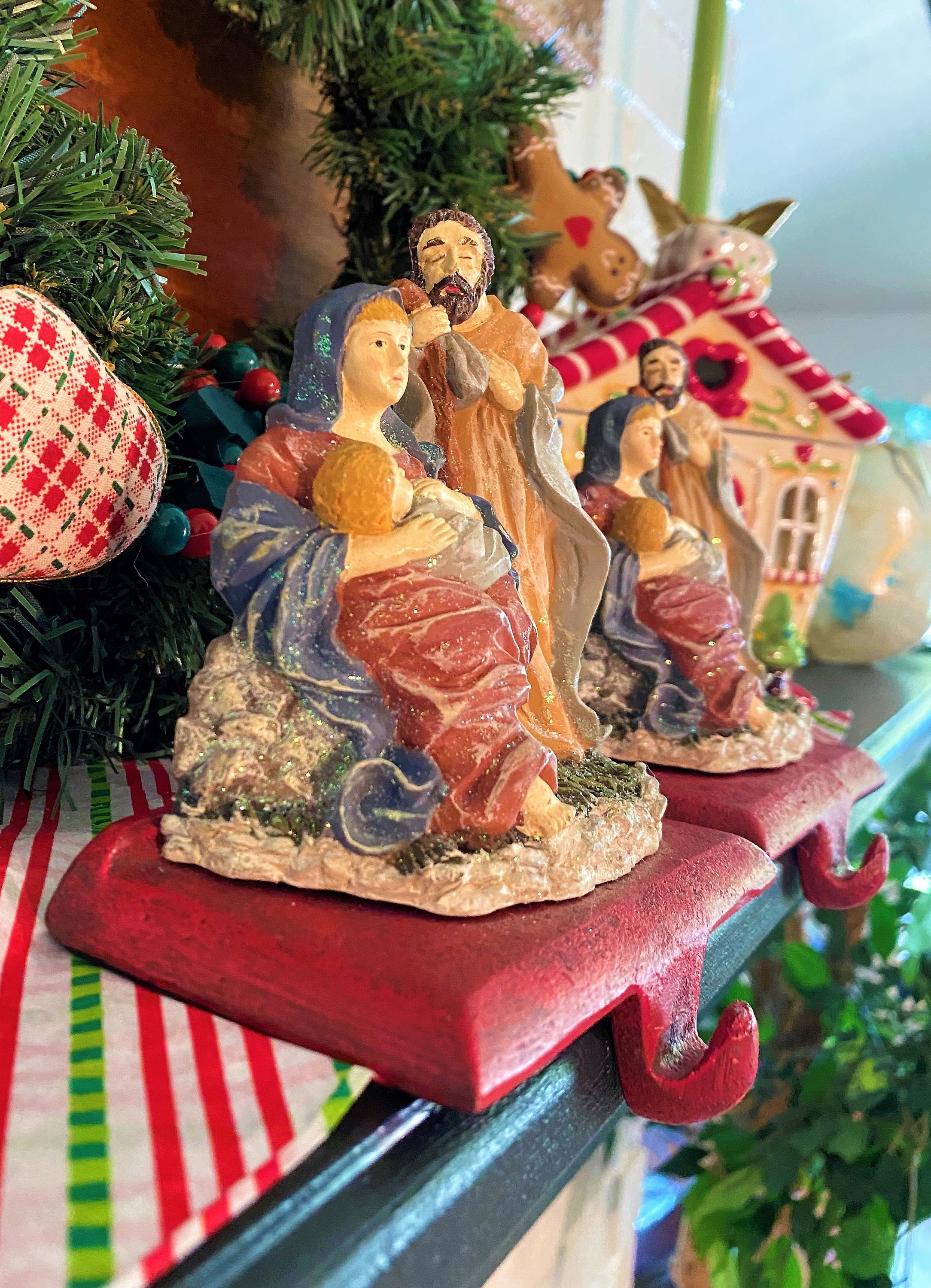 Pair of Nativity Stocking Holders Mary and Joseph With Baby Jesus the