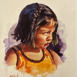 Vintage "Sunny" Watercolor Portrait: Child with Braids, Artist R. McDowell