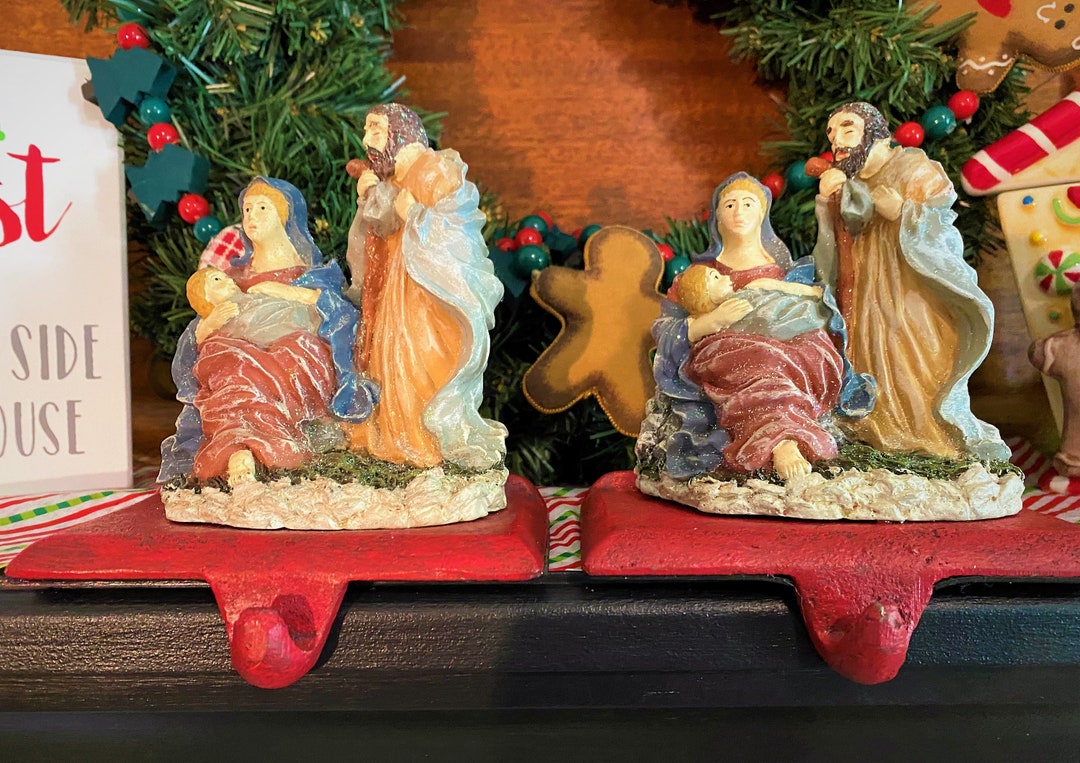 Pair of Nativity Stocking Holders Mary and Joseph With Baby Jesus the