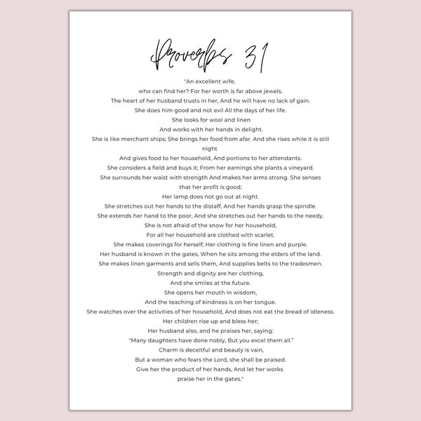 PRINTABLE - Proverbs 31:10-31 - Description of a Godly Woman, Scripture for Women and Girls, Biblical Woman, Printout of Proverbs 31, Decor
