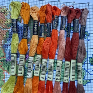 Puede incluir: Diez madejas de hilo de bordar Anchor Stranded Cotton en varios tonos de naranja, amarillo y marrón. El hilo está etiquetado con el logotipo de Anchor y el número de color. El hilo está dispuesto en una fila de izquierda a derecha, con el tono más claro a la izquierda y el tono más oscuro a la derecha.