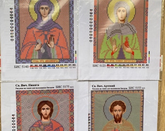 Lot of Bead Embroidery Orthodox Icons,  Beadwork patterns Hand embroidery Beaded Stitching, personal icons on fabric canvas, Nova Sloboda