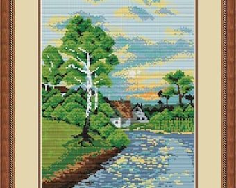 DIY Embroidery kit, Counted cross stitch kit with DMC floss, Kit for embroidery "Landscape with Birch", authors design of kit