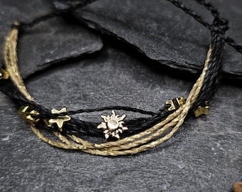 Celestial Sun, Moon, Stars woven friendship bracelet | Hecate & Helios symbolic jewelry | black gold cosmic charm Pagan Wiccan bracelet
