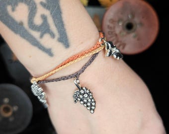 Mabon Harvest Fall Festival Charm Bracelet • Grape, Wheat & Acorn Charms • Autumn Witch Woven Bracelet