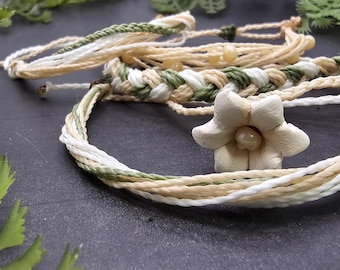 Ghostflower Lily of the Valley Ostara polymer clay charm | Waxed Adjustable Woven Friendship Bracelet | Wiccan Paganism Druidry