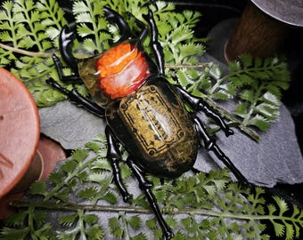 Study in Sienna and Black - Resin Beetle Curio with Preserved Orange Strawflower & Tarot | Gothic Nature Art | Handmade Insect Sculpture