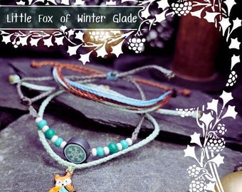 Little Fox of Winter Glade Bracelet Set • Mint & Baby Blue Fox Charm Woven Bracelet • Snowflake Bead • Cottagecore Woodland Jewelry