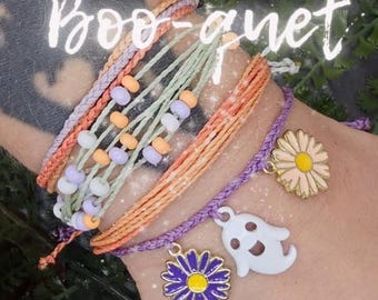 Floral Ghost Friendship Bracelet Stack: Pastel Goth Halloween Jewelry