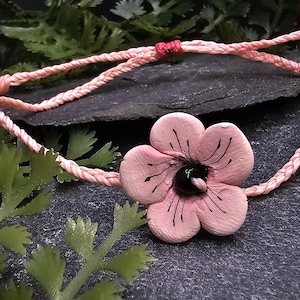 Cherry Blossom Bracelet |  Handmade polymer clay charm | pink cord adjustable bracelet | floral spring jewelry | kawaii witchy gift