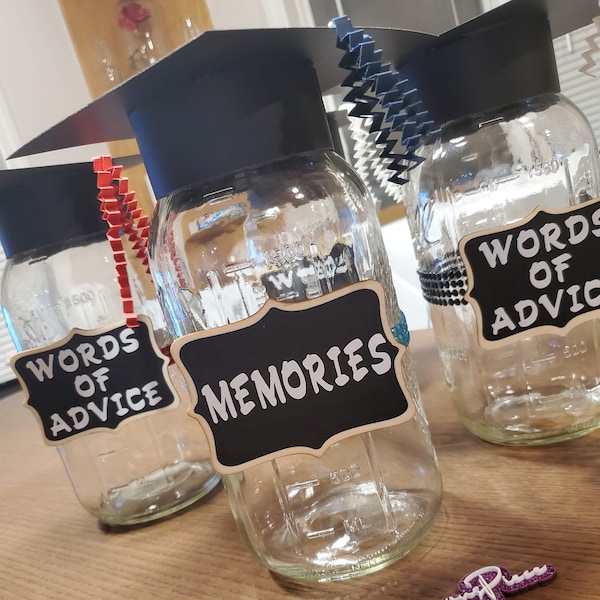 Graduation Mason Jar Centerpiece, Graduation Party, College Grad, High School Grad, Senior Memories, Words of Advice, Grad Party, Grad Cap