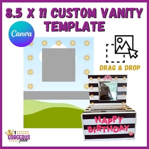 May include: A black and white striped vanity with a mirror and lights. The vanity has a white top with the words "Happy Birthday" in pink letters. The vanity is 8.5 inches by 11 inches.