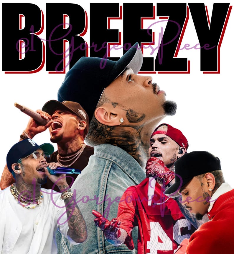 May include: A collage of four images of the same person, a singer, wearing different outfits. The images are arranged in a square shape. The word "Breezy" is written in large black letters across the top of the collage.
