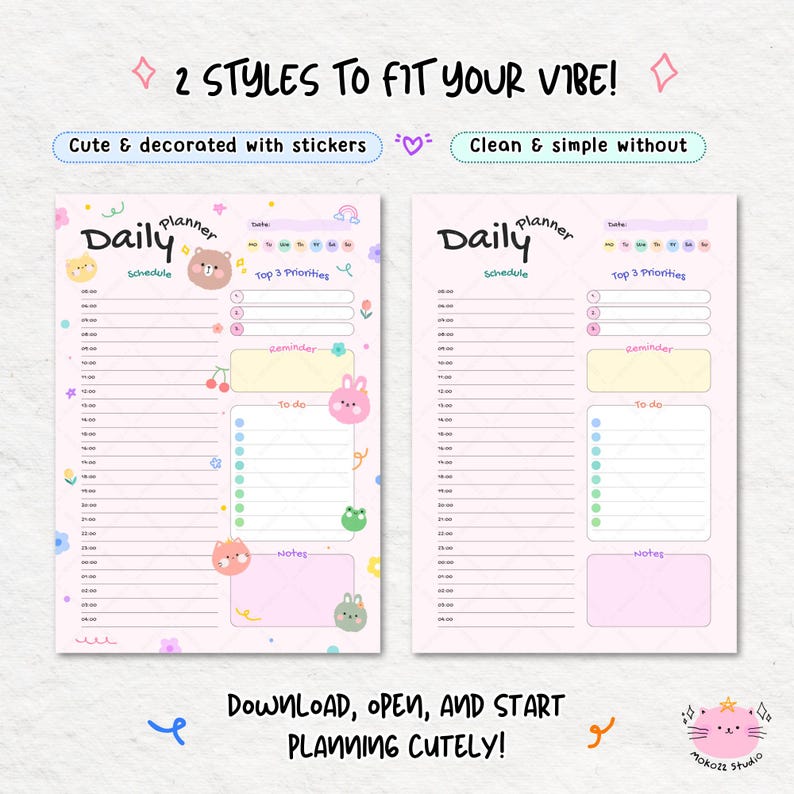 Cute Daily Planner PDF, Printable Digital Planner A4 A5 Letter Sizes, Kawaii Goodnotes Planner, Pink & White with Cute Graphic Decorations image 2