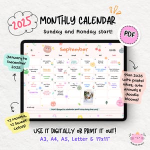 Calendario de pared mensual 2025 con diseño horizontal, diseño kawaii pastel, imprimible, tamaño carta (A3, A4, A5), inicio en domingo y lunes.