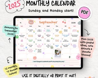 2025 Monthly Wall Calendar Landscape, Pastel Cute Kawaii Calendar, Printable Horizontal Calendar, A3 A4 A5 Letter, Sunday & Monday Start