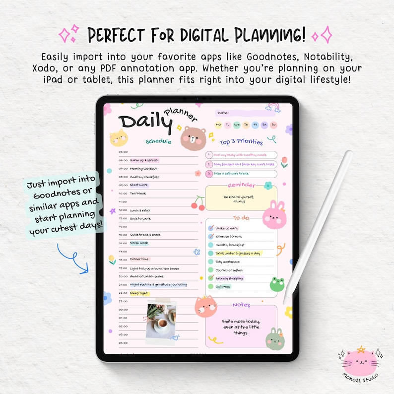 Cute Daily Planner PDF, Printable Digital Planner A4 A5 Letter Sizes, Kawaii Goodnotes Planner, Pink & White with Cute Graphic Decorations image 5