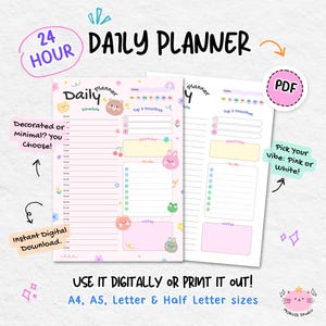 Planificador diario lindo en PDF, planificador digital imprimible en tamaño carta A4 y A5, planificador Kawaii Goodnotes, rosa y blanco con lindas decoraciones gráficas.