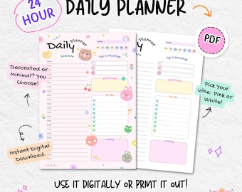 Cute Daily Planner PDF, Printable Digital Planner A4 A5 Letter Sizes, Kawaii Goodnotes Planner, Pink & White with Cute Graphic Decorations