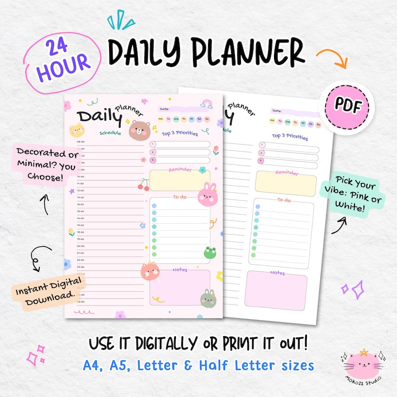 Cute Daily Planner PDF, Printable Digital Planner A4 A5 Letter Sizes, Kawaii Goodnotes Planner, Pink & White with Cute Graphic Decorations image 1