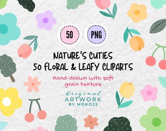Pastel Flower Clipart Set, Cute Hand Drawn PNG, Kawaii Clipart, Tulip Leaf Tree Cherry Clip Art, Digital Download, Pastel Aesthetic Stickers