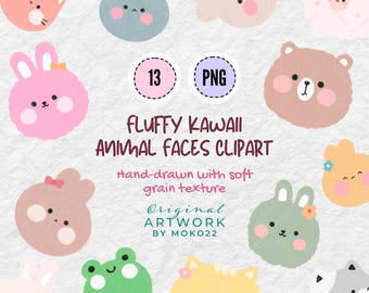 Kawaii Animal Clipart, Cute Animal Faces PNG, Digital Stickers for GoodNotes, Scrapbooking Stickers, Hand Drawn Animals, Digital Download