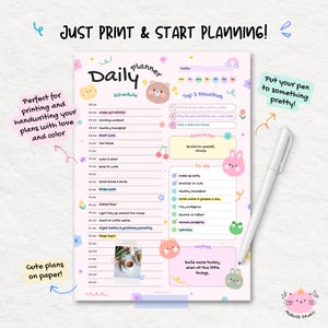 Cute Daily Planner PDF, Printable Digital Planner A4 A5 Letter Sizes, Kawaii Goodnotes Planner, Pink & White with Cute Graphic Decorations image 4