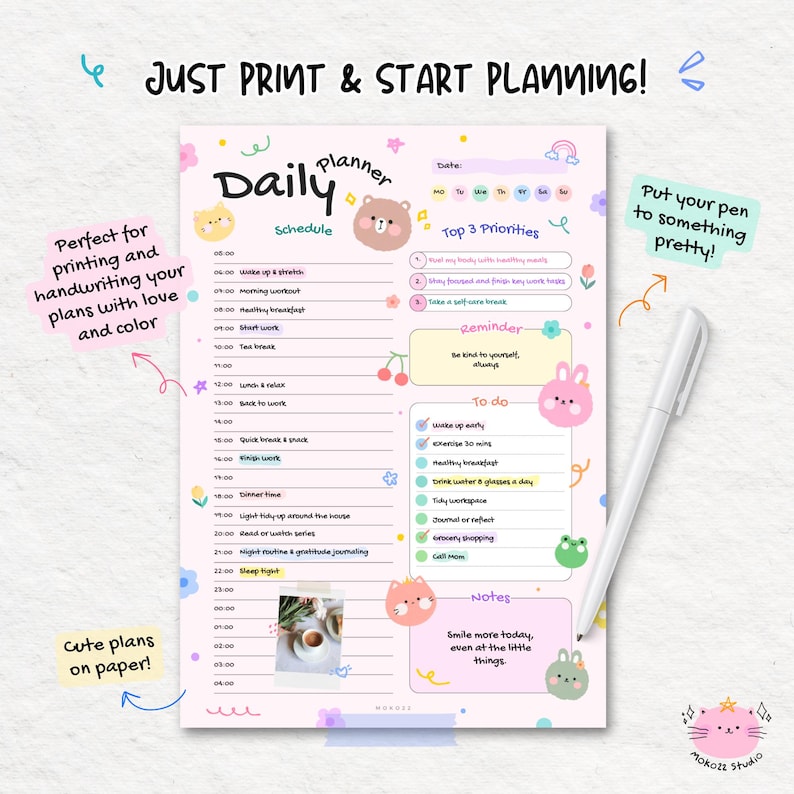 Cute Daily Planner PDF, Printable Digital Planner A4 A5 Letter Sizes, Kawaii Goodnotes Planner, Pink & White with Cute Graphic Decorations image 4