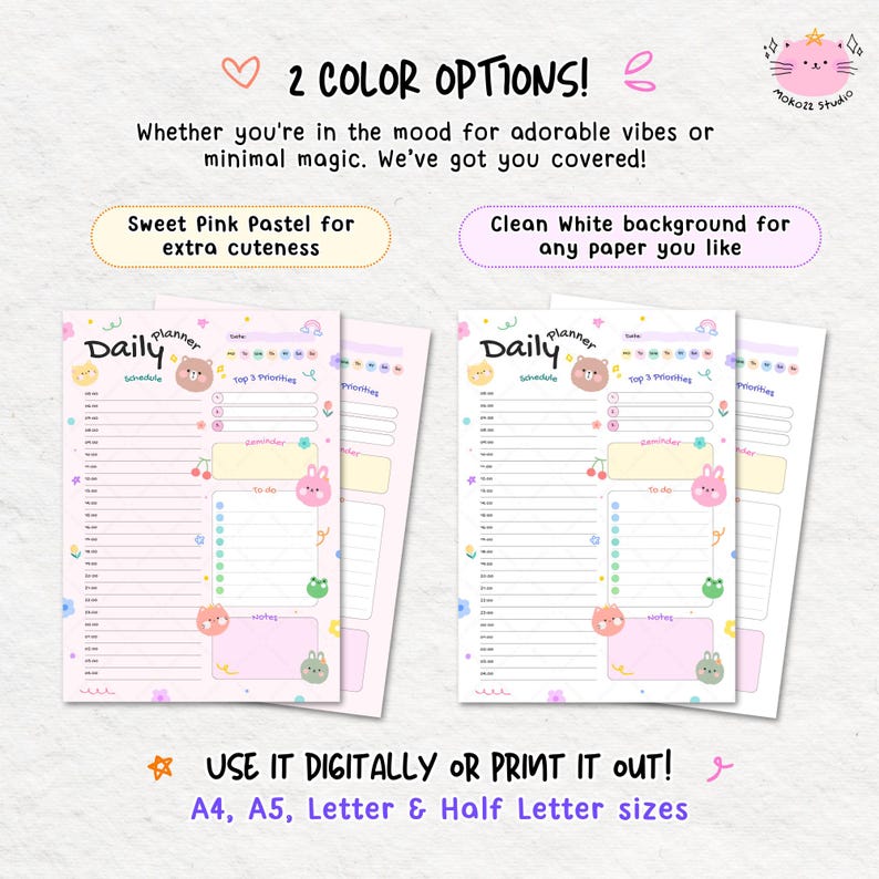 Cute Daily Planner PDF, Printable Digital Planner A4 A5 Letter Sizes, Kawaii Goodnotes Planner, Pink & White with Cute Graphic Decorations image 3
