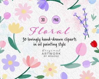 Spring Flower Clipart, Tulip Daisy Lavender PNG, Cute Oil Painting Clip Art, Aesthetic Hand Drawn Flowers, Kawaii Clipart, Digital Download