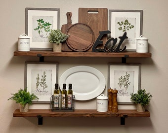 Farmhouse Floating Shelf: Deep Wood, Salvaged Steel Brackets, Beeswax Finish